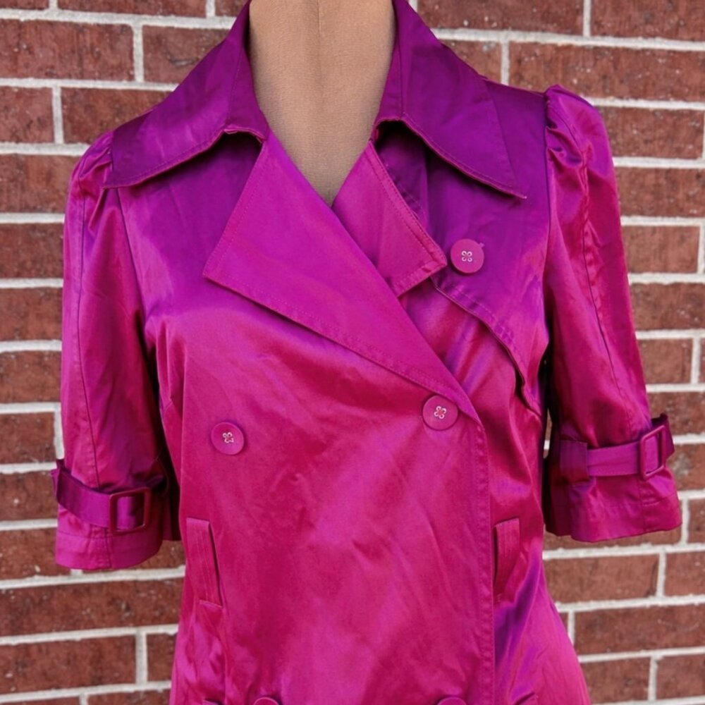 Vintage Elle Y2K Retro Trenchcoat Magenta Double Breasted Jacket Size Medium 90s